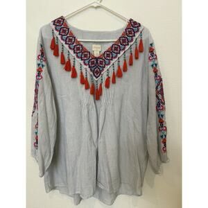 Chico's Boho Embroidered Tassel V-Neck Tunic Shirt Top Funky Art-to-Wear‎ Sz 3XL